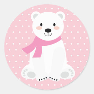 Sticker Rond Baby shower de l'ours polaire fille rose