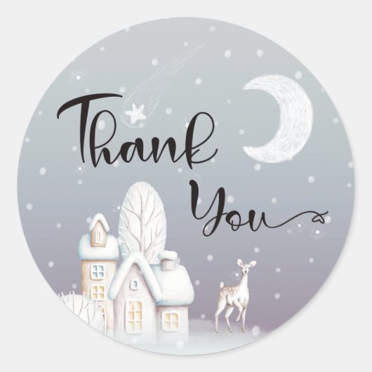 Sticker Rond Baby shower de maison de neige merci (Devant)