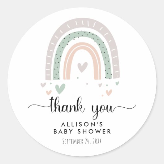 Sticker Rond Baby shower de Merci Boho Rainbow Sage (Devant)