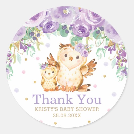 Sticker Rond Baby shower de Merci de Chouette Florale violet Fa (Devant)
