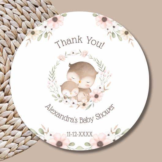 Sticker Rond Baby shower de Merci de de Chouette rose