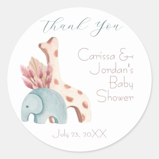 Sticker Rond Baby shower de Merci de jouets Boho Elephant Giraf (Devant)