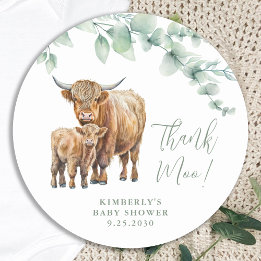 Sticker Rond Baby shower de Merci de la vache Highland