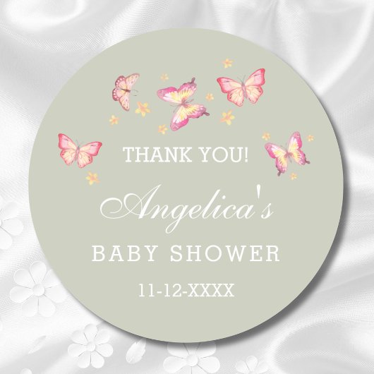 Sticker Rond Baby shower de Merci de papillon rose Sage