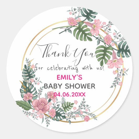 Sticker Rond Baby shower de Merci de  rose fleuri (Devant)