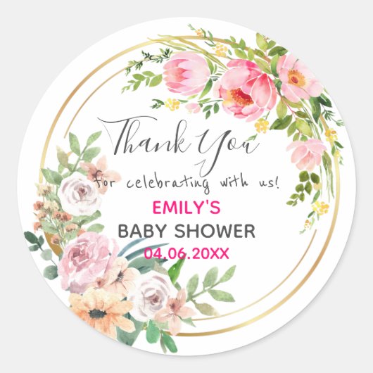 Sticker Rond Baby shower de Merci de  rose fleuri (Devant)