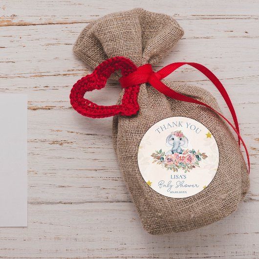 Sticker Rond Baby shower de Merci d'éléphant floral mou