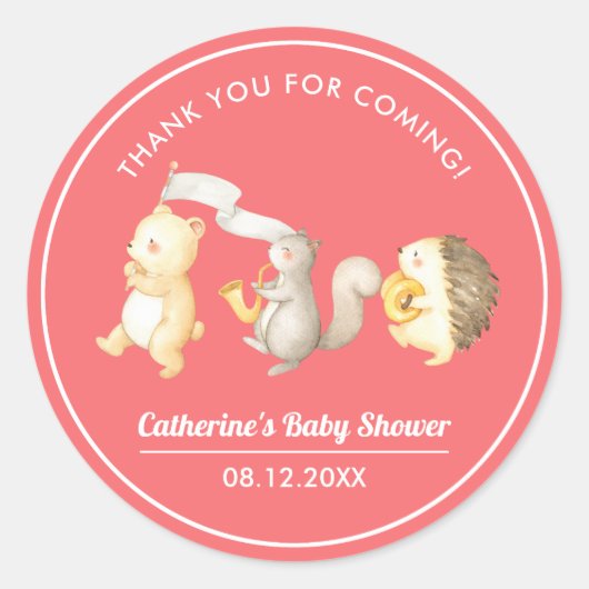 Sticker Rond Baby shower de Merci des animaux des bois (Devant)