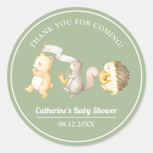 Sticker Rond Baby shower de Merci des animaux des bois (Devant)