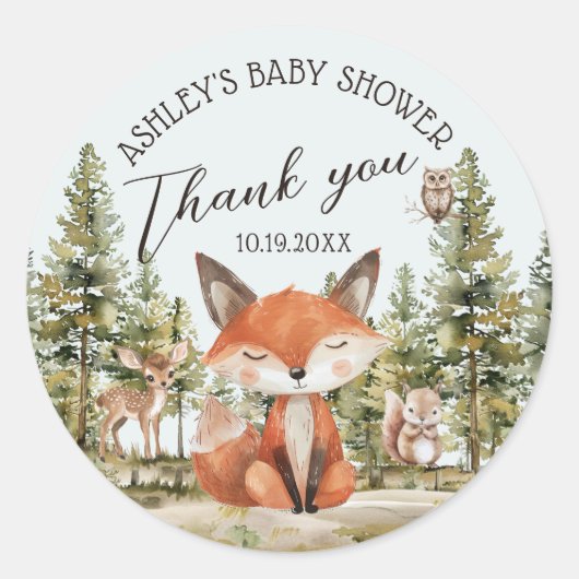 Sticker Rond Baby shower de Merci des animaux des bois (Devant)