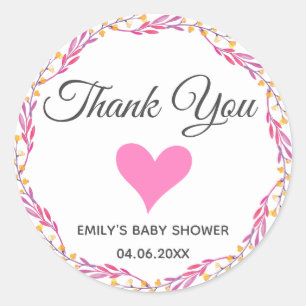Sticker Rond Baby shower de Merci en  de couronne de fleurs ros