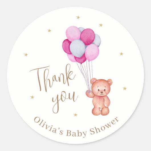 Sticker Rond Baby shower de Merci en  rose Teddy (Devant)