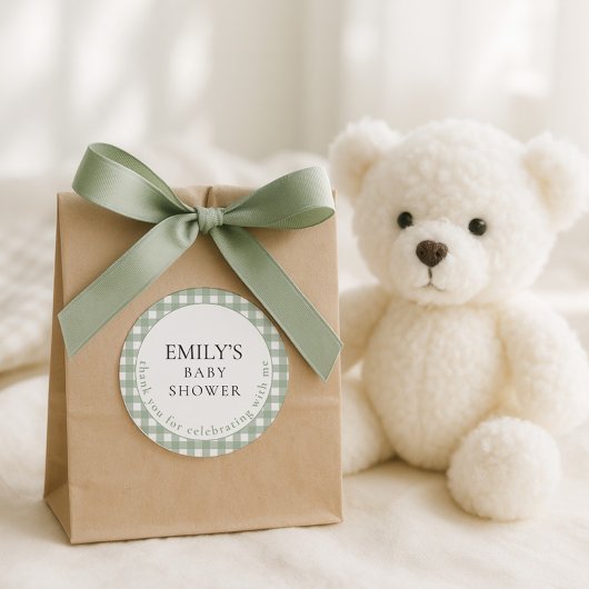 Sticker Rond Baby shower de Merci rustique Sage En vichy