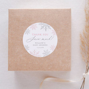 Sticker Rond Baby shower de neige rose Merci neige beaucoup