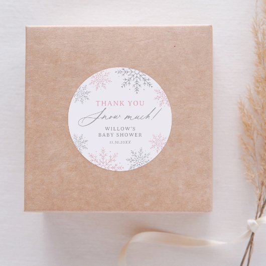 Sticker Rond Baby shower de neige rose Merci neige beaucoup