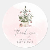 Sticker Rond Baby shower de Noël rose hiver merci (Devant)