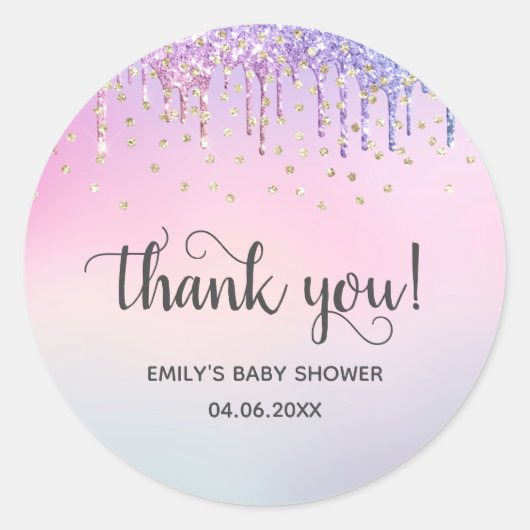 Sticker Rond Baby shower de Parties scintillant arc-en-ciel ros (Devant)