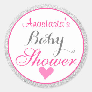Sticker Rond Baby shower de Parties scintillant rose et argent 