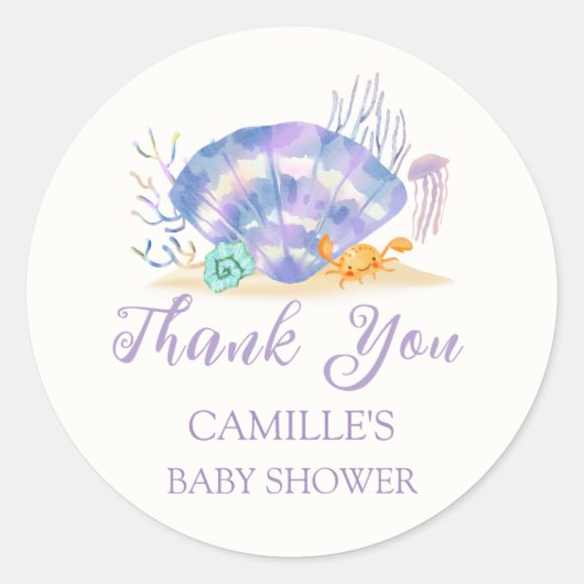 Sticker Rond Baby shower de perle de mer violet été fille (Devant)