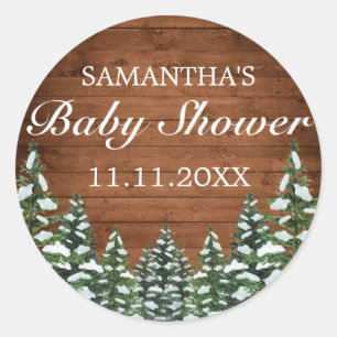 Sticker Rond Baby shower de pin de campagne Snowy Wood & Forest