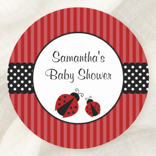 Sticker Rond Baby shower de points rayés rouges et noirs de la 
