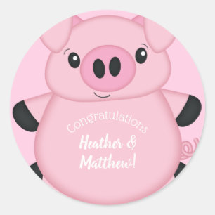 Sticker Rond Baby shower de porc rose
