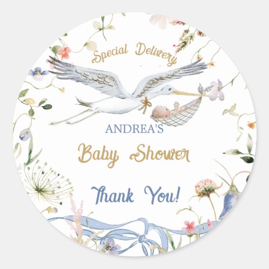 Sticker Rond Baby shower de ruban Fleur sauvage Stork (Devant)