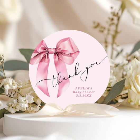 Sticker Rond Baby shower de script Bow rose Merci