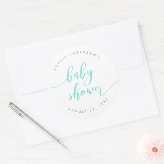 Sticker Rond Baby shower de script de relaxation de la menthe (Enveloppe)