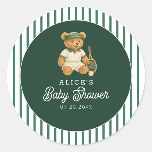 Sticker Rond Baby shower de tennis Preppy Bear (Devant)