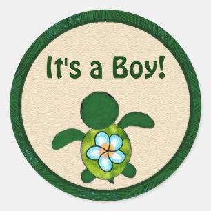 Sticker Rond Baby shower de TORTUE de mer de GARÇON (Honu) 02B