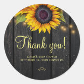 Sticker Rond Baby shower de tournesol en bois rustique merci (Devant)