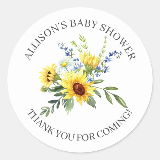 Sticker Rond Baby shower de tournesol jaune Douche Merci (Devant)