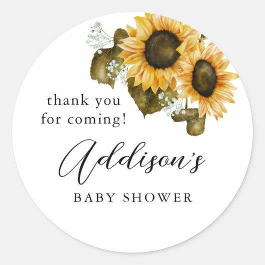 Sticker Rond Baby shower de tournesol rustique Favoriser (Devant)