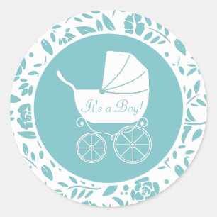 Sticker Rond Baby shower de transport Vintage Cute Blue Boy