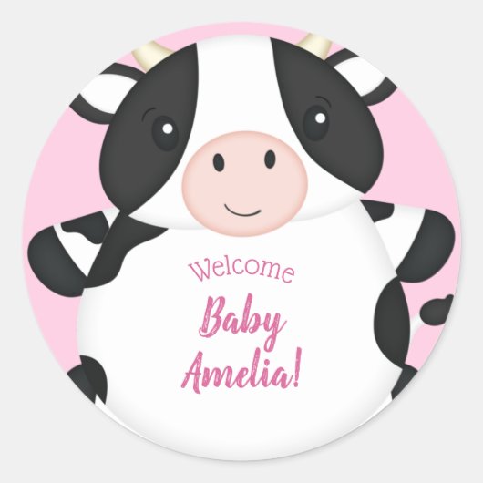 Sticker Rond Baby shower de vache rose (Devant)