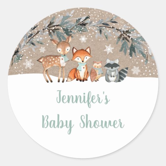 Sticker Rond Baby shower de verdure des bois d'hiver (Devant)