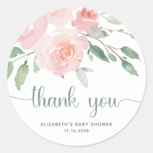 Sticker Rond Baby shower de verdure rose fleurie Merci
