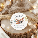 Sticker Rond Baby shower de voyage pour garçon d'avion vintage<br><div class="desc">Aviation Adventure Collection ! Capture l'essence de l'aventure et de la nostalgie avec cette collection de baby showers d'avion vintage d'aviation. Créez un look cohésif avec décoration coordonnée,  vaisselle et accessoires.</div>