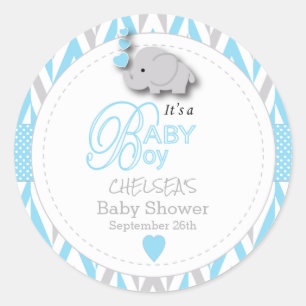 Sticker Rond Baby shower d'éléphant bleu, gris blanc 2