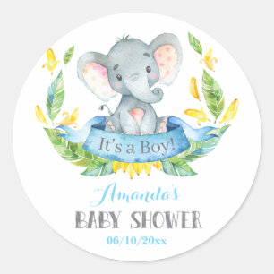 Sticker Rond Baby shower d'éléphant de garçon bleu et gris