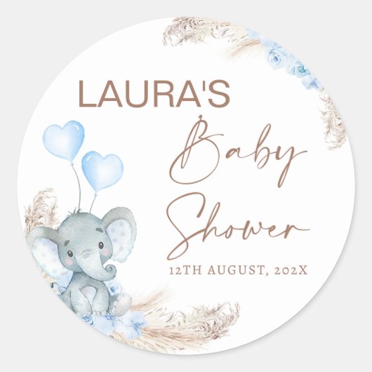 Sticker Rond Baby shower d'éléphant Floral Boho bleu (Devant)