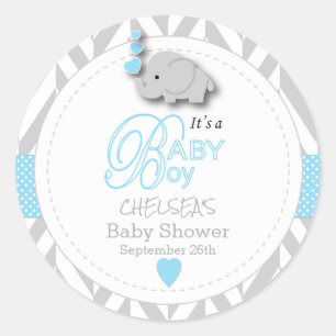 Sticker Rond Baby shower d'éléphant gris bleu et blanc