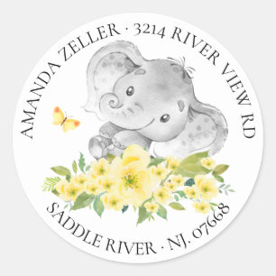 Sticker Rond Baby shower d'éléphant neutre heureux Adresse de r