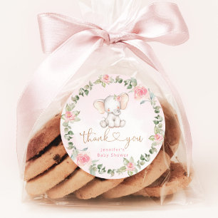 Sticker Rond Baby shower d'éléphant rose eucalyptus