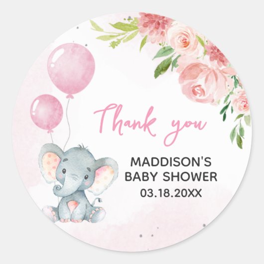 Sticker Rond Baby shower d'éléphant rose vif (Devant)