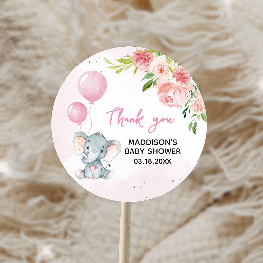 Sticker Rond Baby shower d'éléphant rose vif