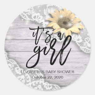Sticker Rond Baby shower dentelle tournesol grange bois String