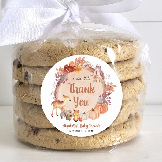 Sticker Rond Baby shower des animaux de bois citrouilles Merci