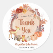 Sticker Rond Baby shower des animaux de bois citrouilles Merci (Devant)